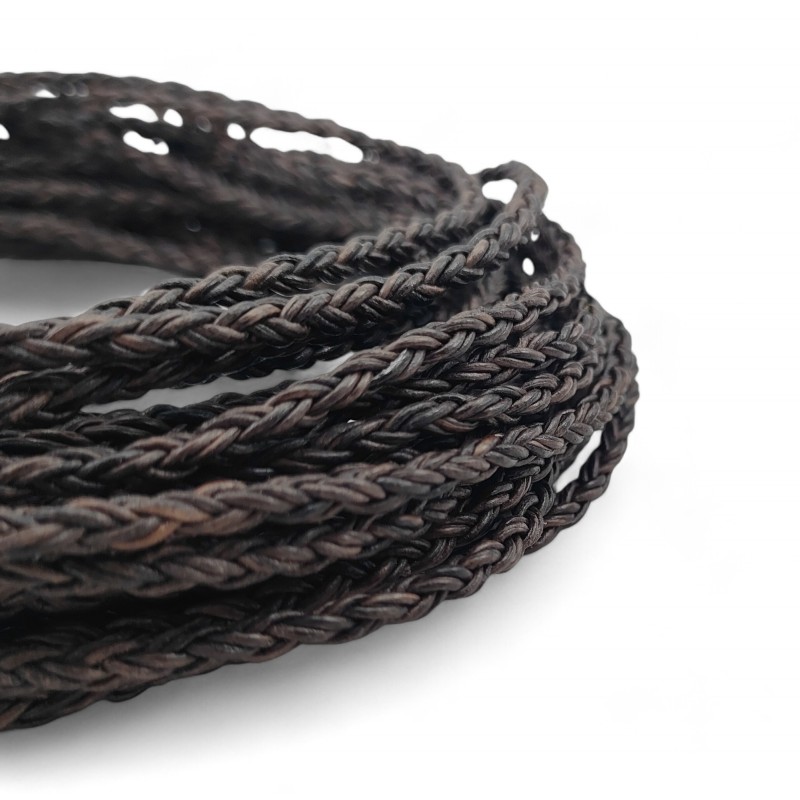 HURT Rzemień 4mm PLECIONY 8-żyłowy CIEMNY BRĄZ VINTAGE 25m skórzany naturalny